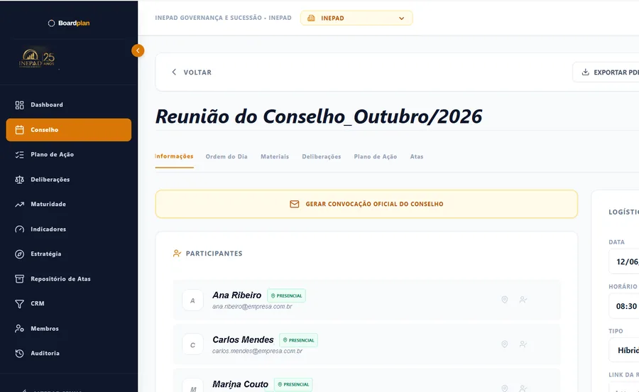 Tela do Boardplan: Da convocação à ata