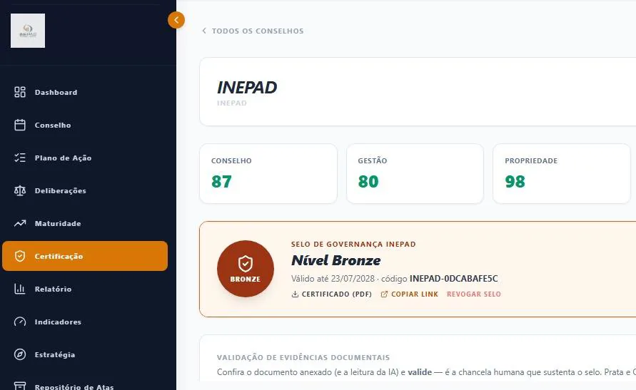 Tela do Boardplan: Selo de Governança
