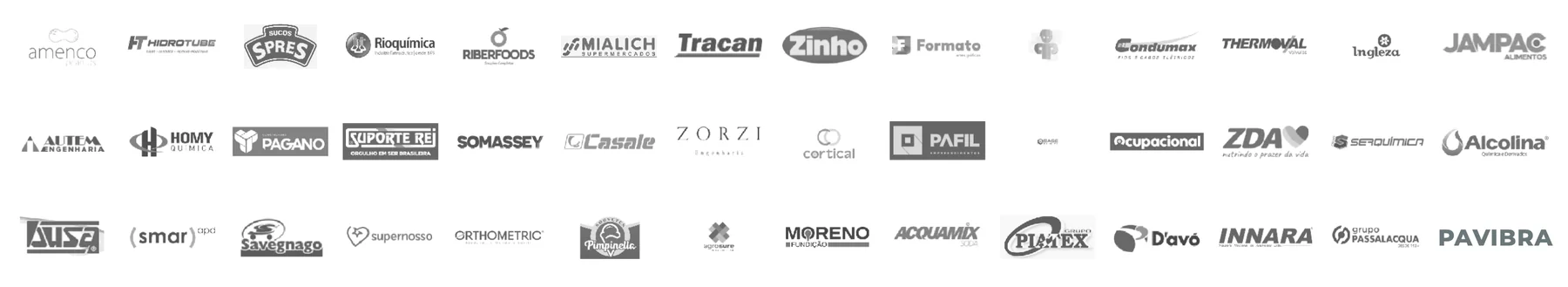 Logos de clientes do INEPAD, entre eles Supermercados Savegnago, Zinho, Somassey, Alcolina, Jampac, Tracan, Moreno Fundição, Serquímica, Pavibra, Riberfoods, Mialich, Condumax e Innara